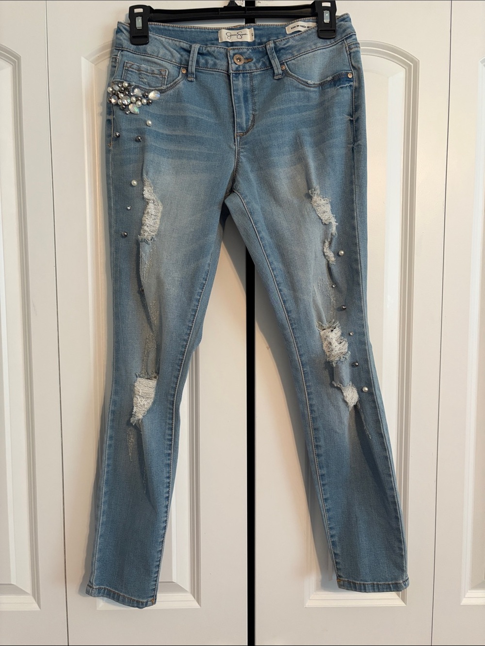 Jessica Simpson Light Blue Distressed Skinny Jeans with Pearls & Rhinestones
